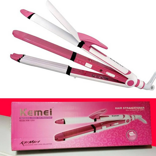 Original 3 in 1 KEMEI KM-1291 Professional Hair Straightener, Hair Curler & Roller