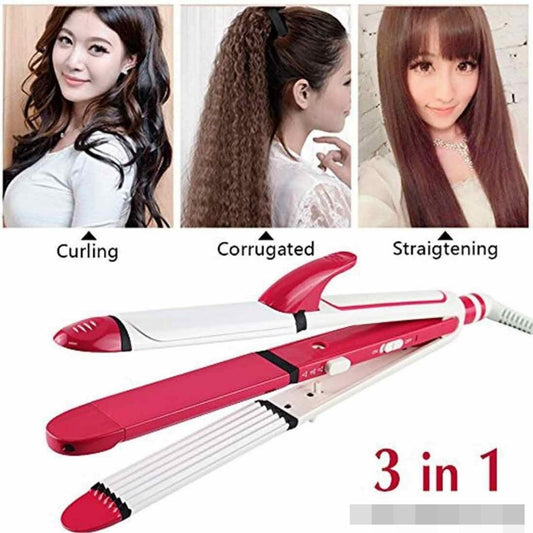 Original 3 in 1 KEMEI KM-1291 Professional Hair Straightener, Hair Curler & Roller